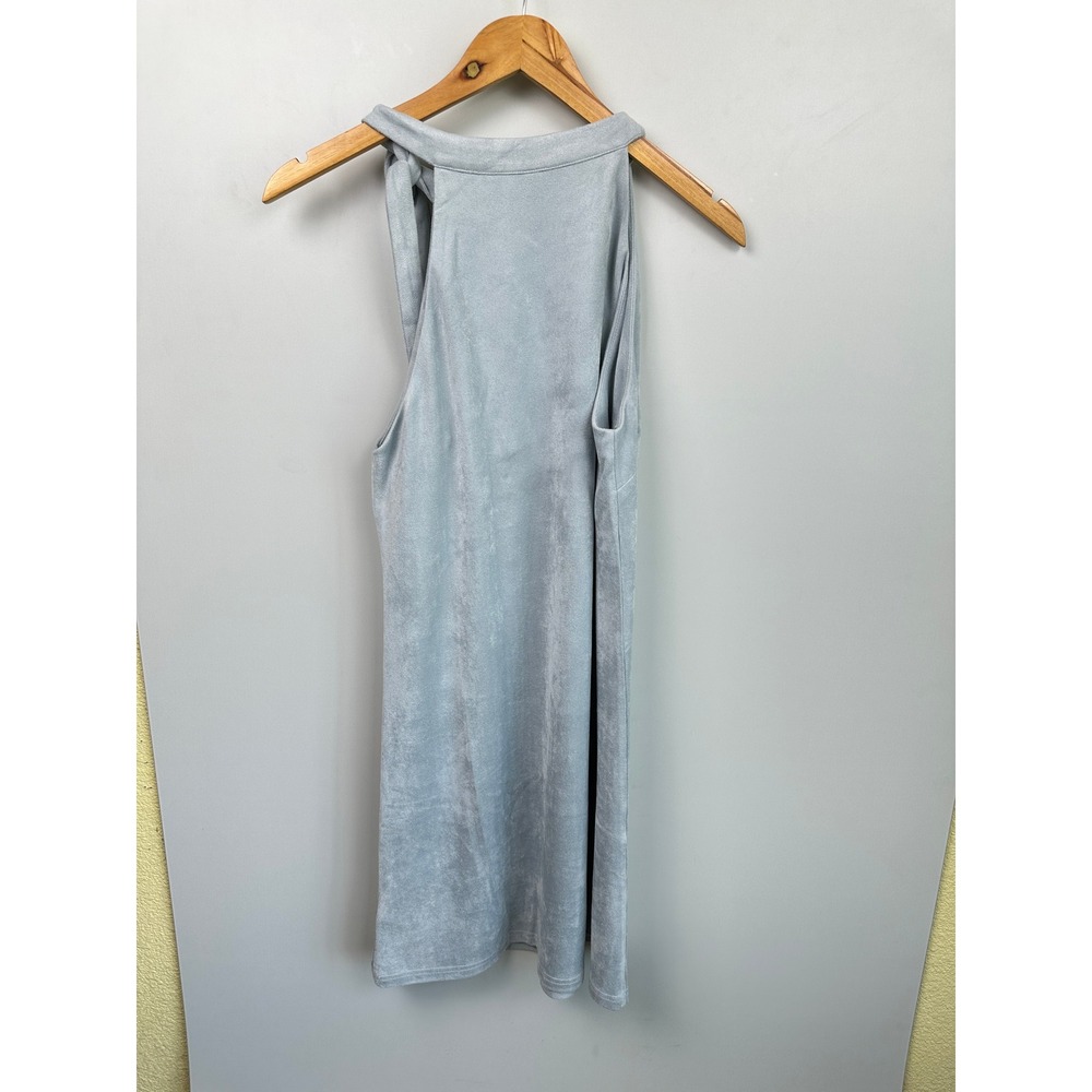 Design Lab Faux Suede Dress Blue Tie Neck Shift Minimalist Modern Chic Medium - Picture 3 of 11